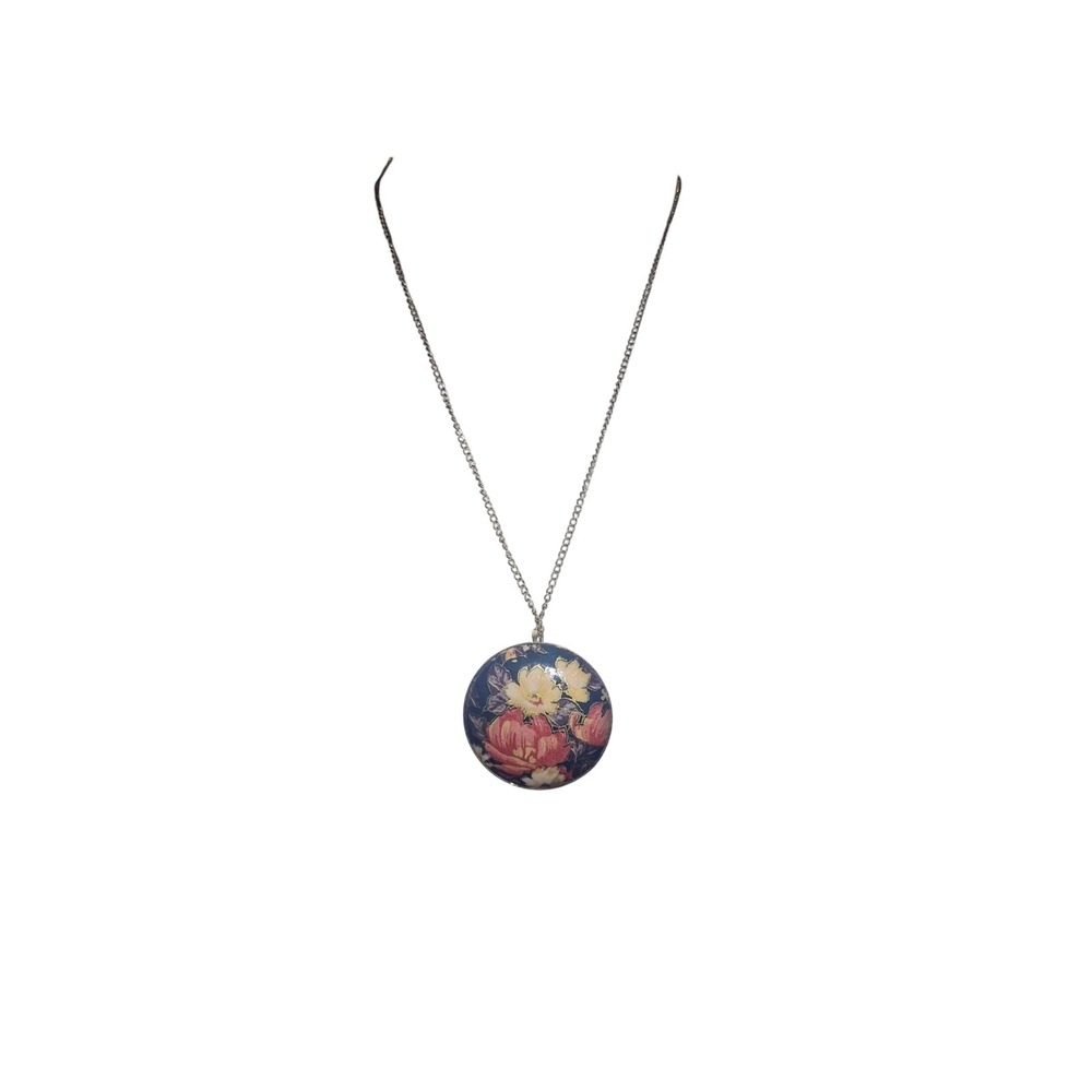 Vintage Floral Enamel Round Pendent‎ Necklace Gold Tone Cottagecore Fairycore